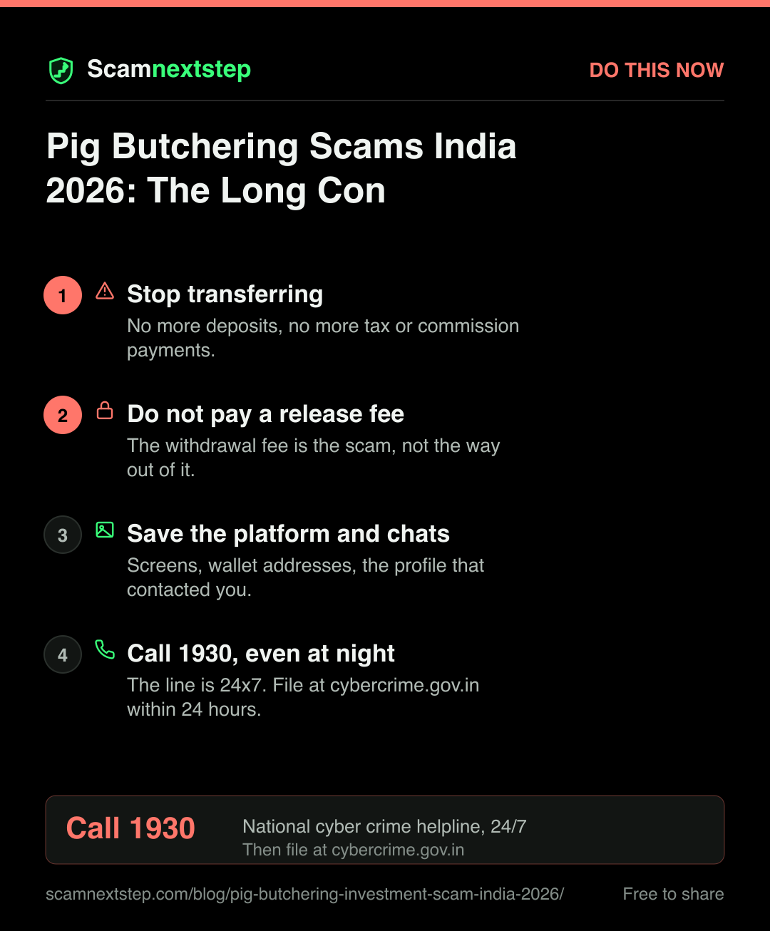 Quick action card for Pig Butchering Scams India 2026: The Long Con
