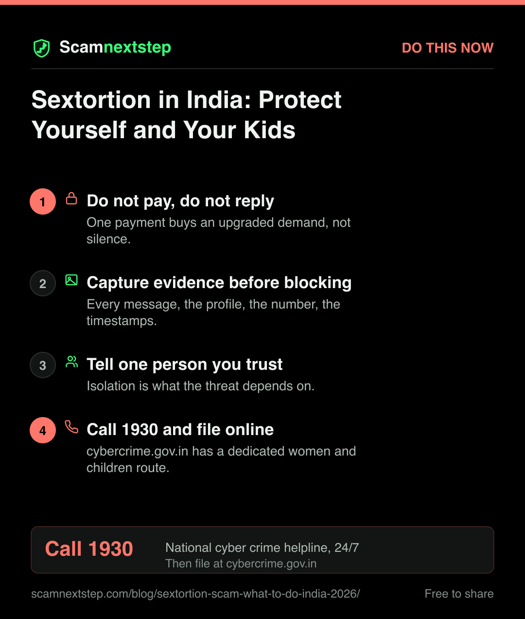 Quick action card for Sextortion in India: Protect Yourself and Your Kids