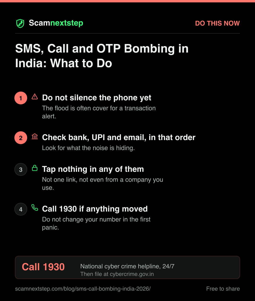 Quick action card for SMS, Call and OTP Bombing in India: What to Do