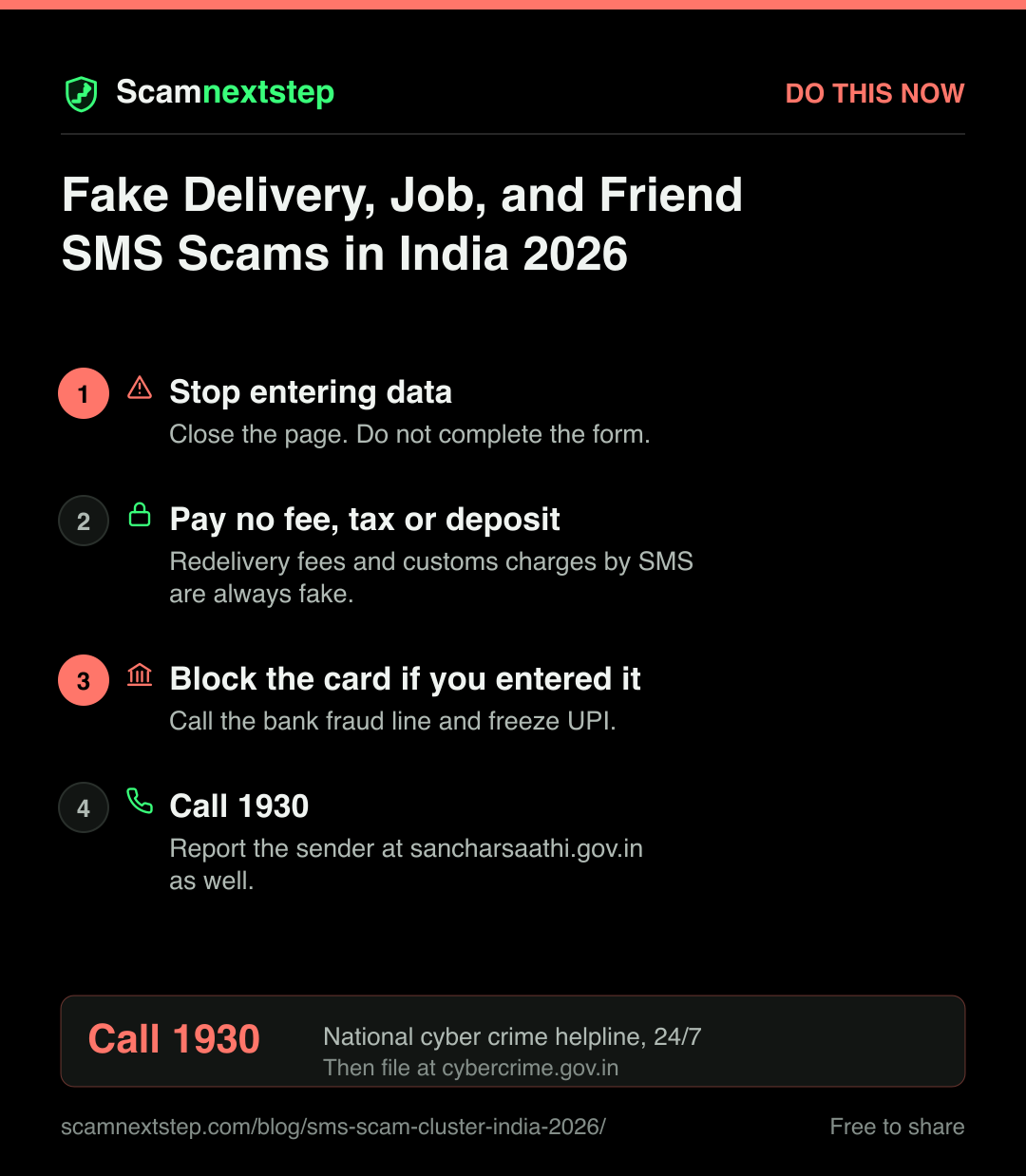 Quick action card for Fake Delivery, Job, and Friend SMS Scams in India 2026