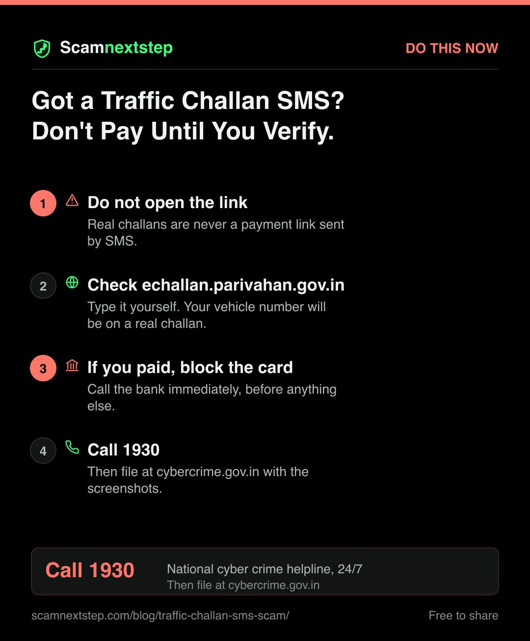 Quick action card for Got a Traffic Challan SMS? Don't Pay Until You Verify.