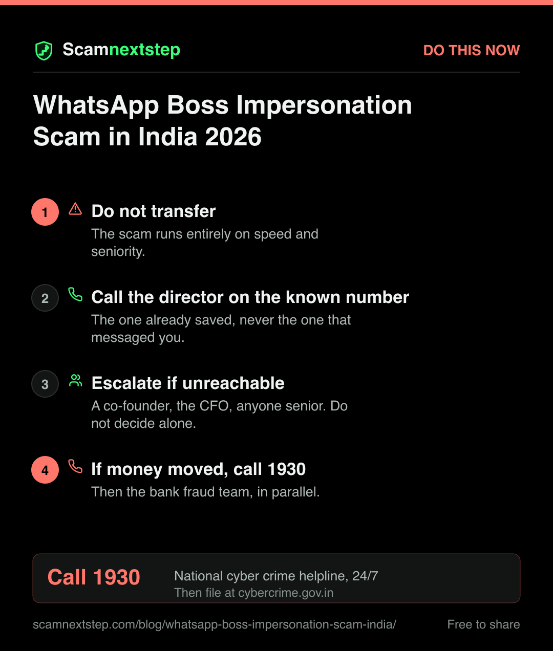 Quick action card for WhatsApp Boss Impersonation Scam in India 2026