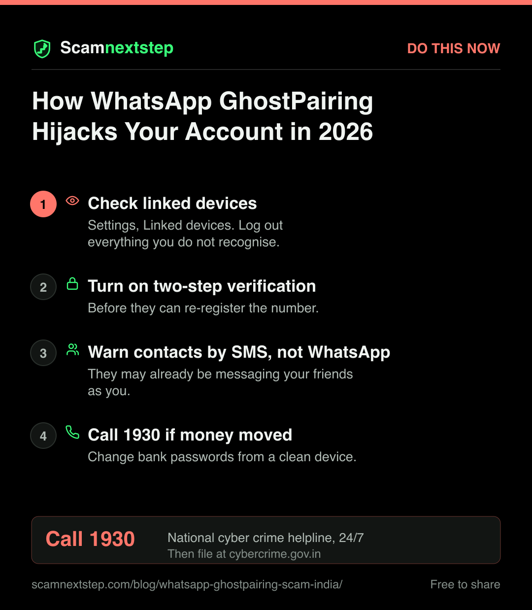 Quick action card for How WhatsApp GhostPairing Hijacks Your Account in 2026