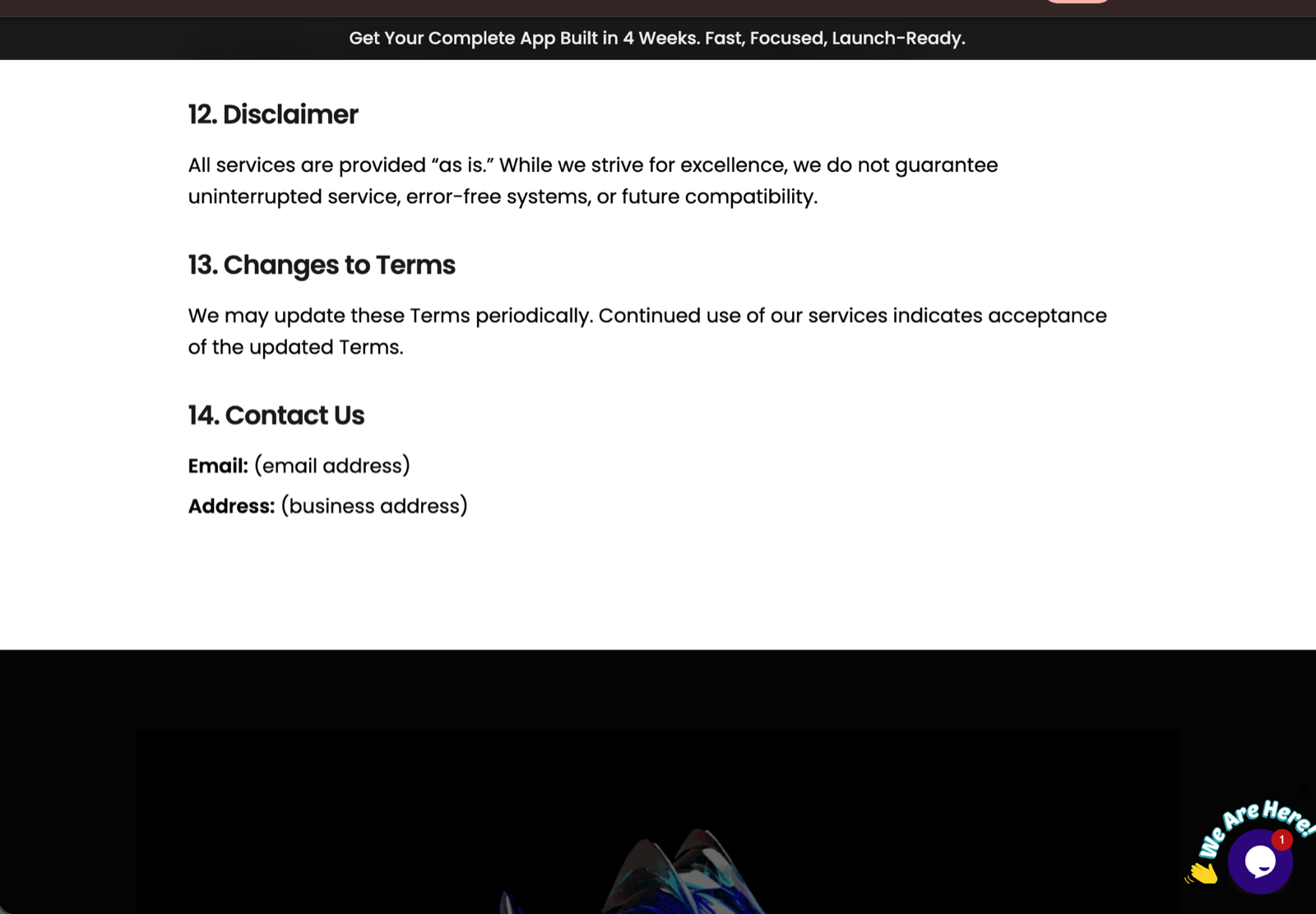Screenshot of Section 14 of the Trifleck Terms of Service showing the contact section with literal unfilled placeholder text.